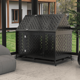 Heavy Duty Dog Crate 45 Inch Indestructible Pet Dog Cage Crate Kennel With Roof Top 2 Doors Removable Trays (Option: Black1)